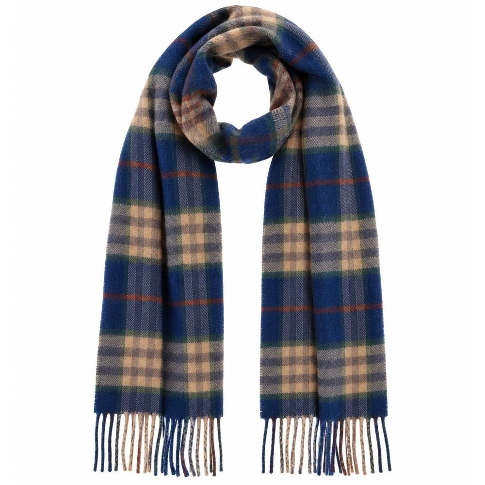 NWT John Hanly 100% Merino Wool Plaid Scarf Blue Camel Made in Ireland